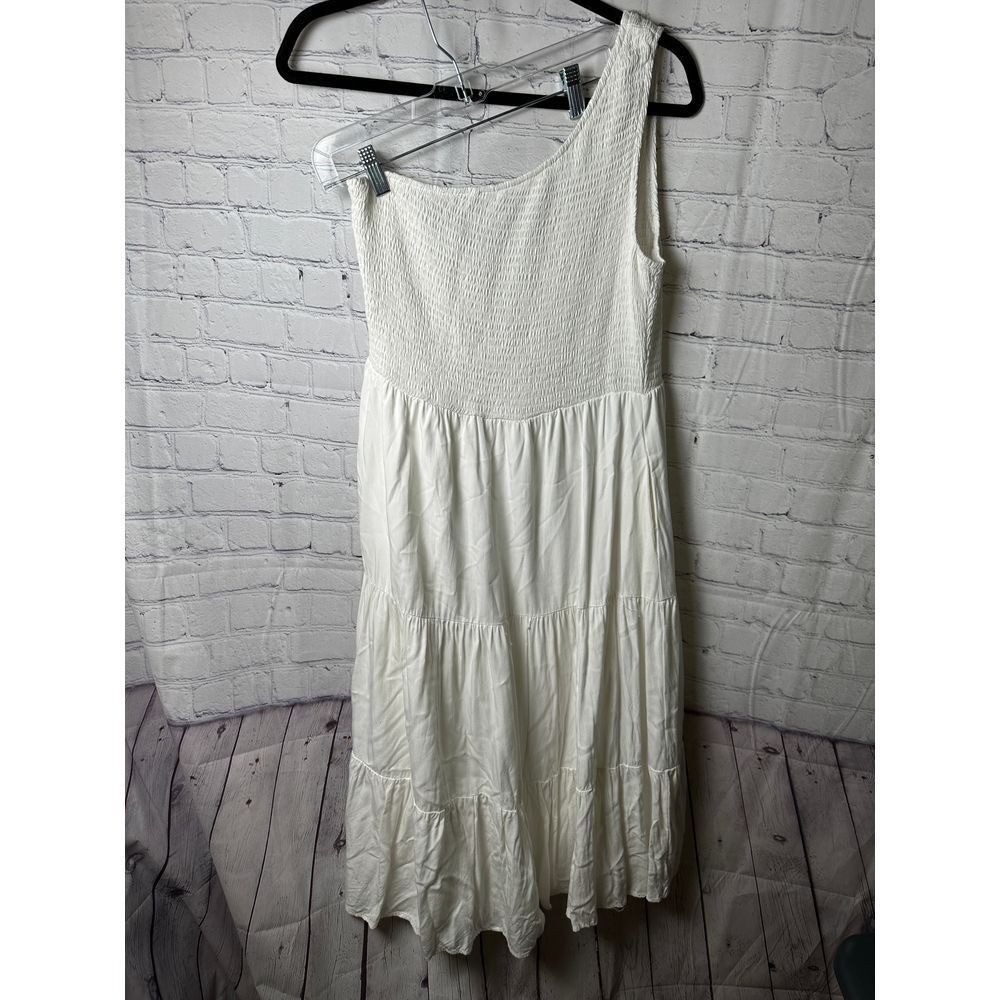 Logene Womens XL White One Shoulder Smocked Tiered Rayon Maxi Boho Dress